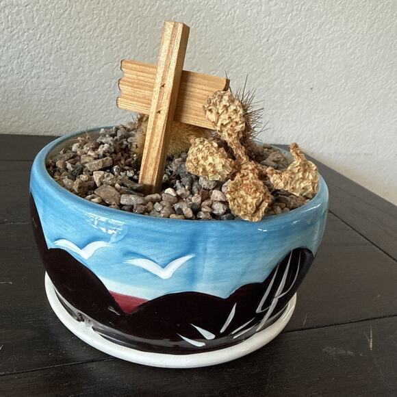 Arizona Southwest Ceramic Planter Pot w Saucer Desert Cactus Scene - Picture 4 of 6